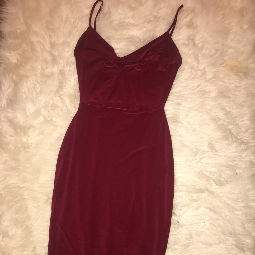 Maroon, cowl neck, midi dress